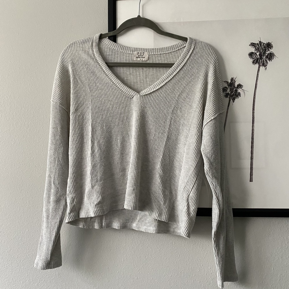 Project Social T | Cream Ribbed Long Sleeve V-Neck Knit Boxy Top - Picture 2 of 5